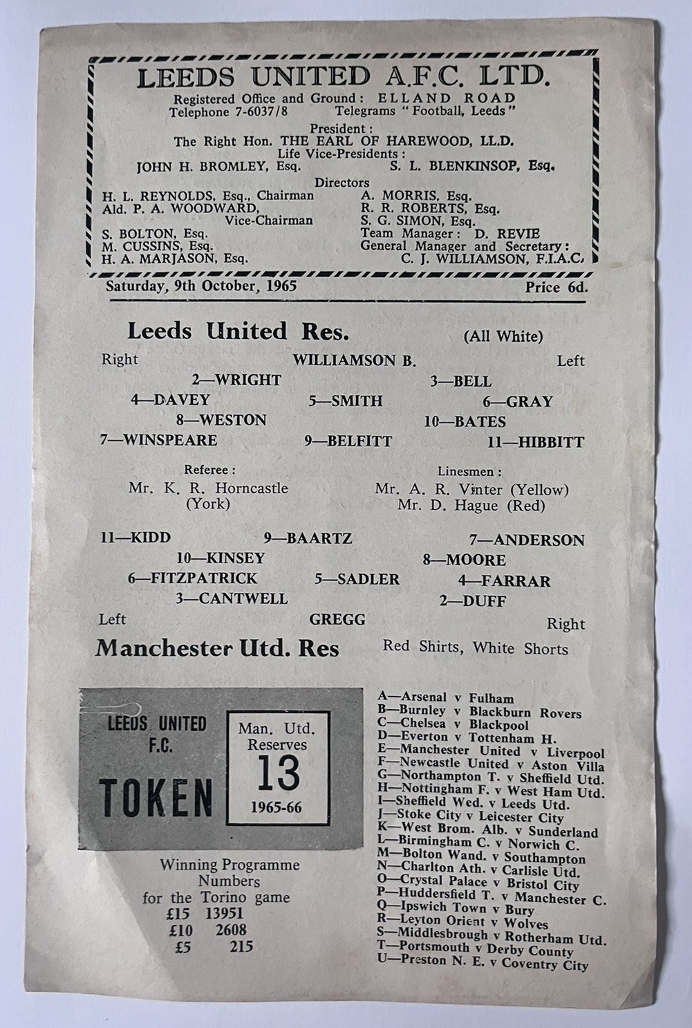 Leeds United Reserves v Manchester United Reserves 9th October 1965 for sale on Ebay