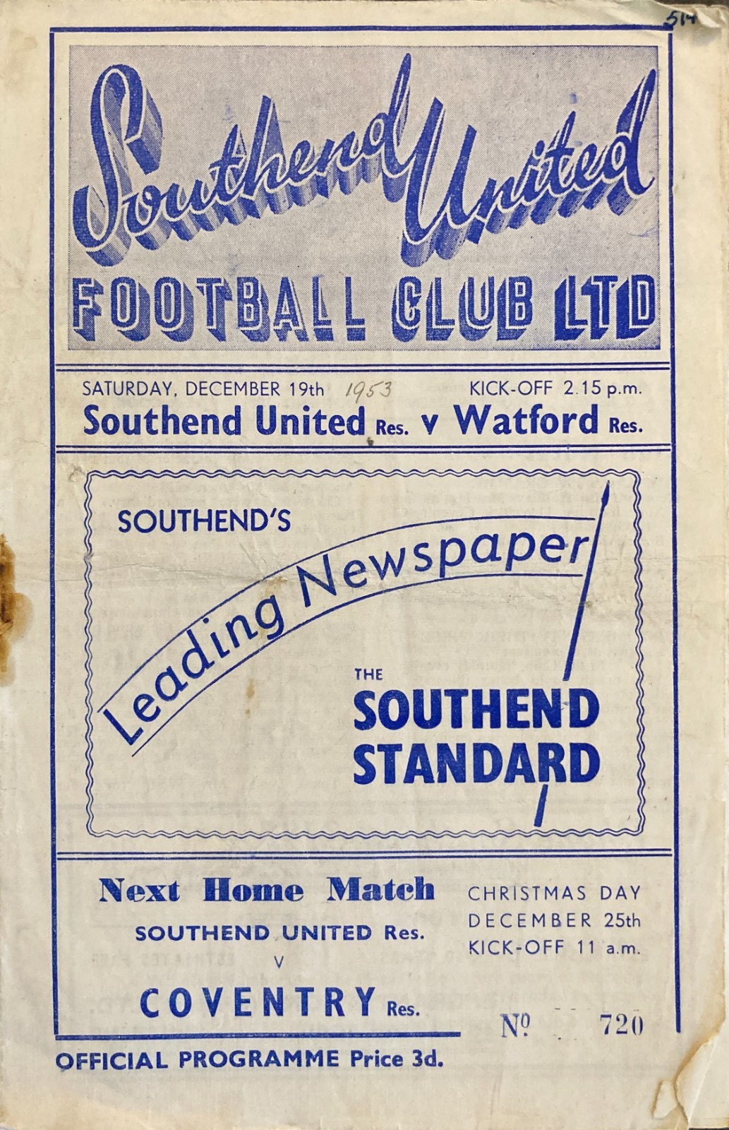Southend United v Watford Football Combination 1953/54 for sale on Ebay