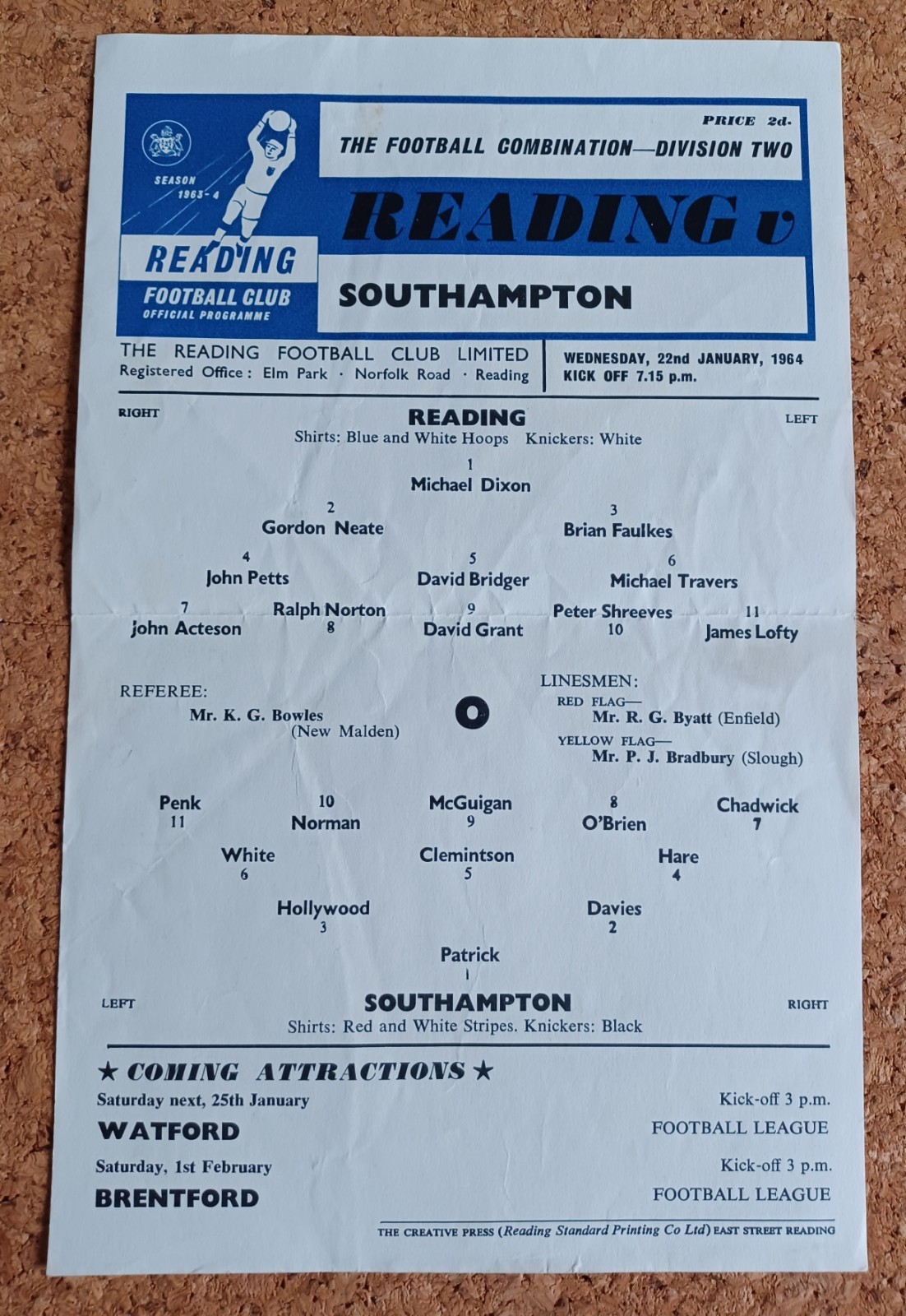 1963/64 READING RESERVES v SOUTHAMPTON RESERVES  FOOTBALL COMBINATION  22/01/64 for sale on Ebay