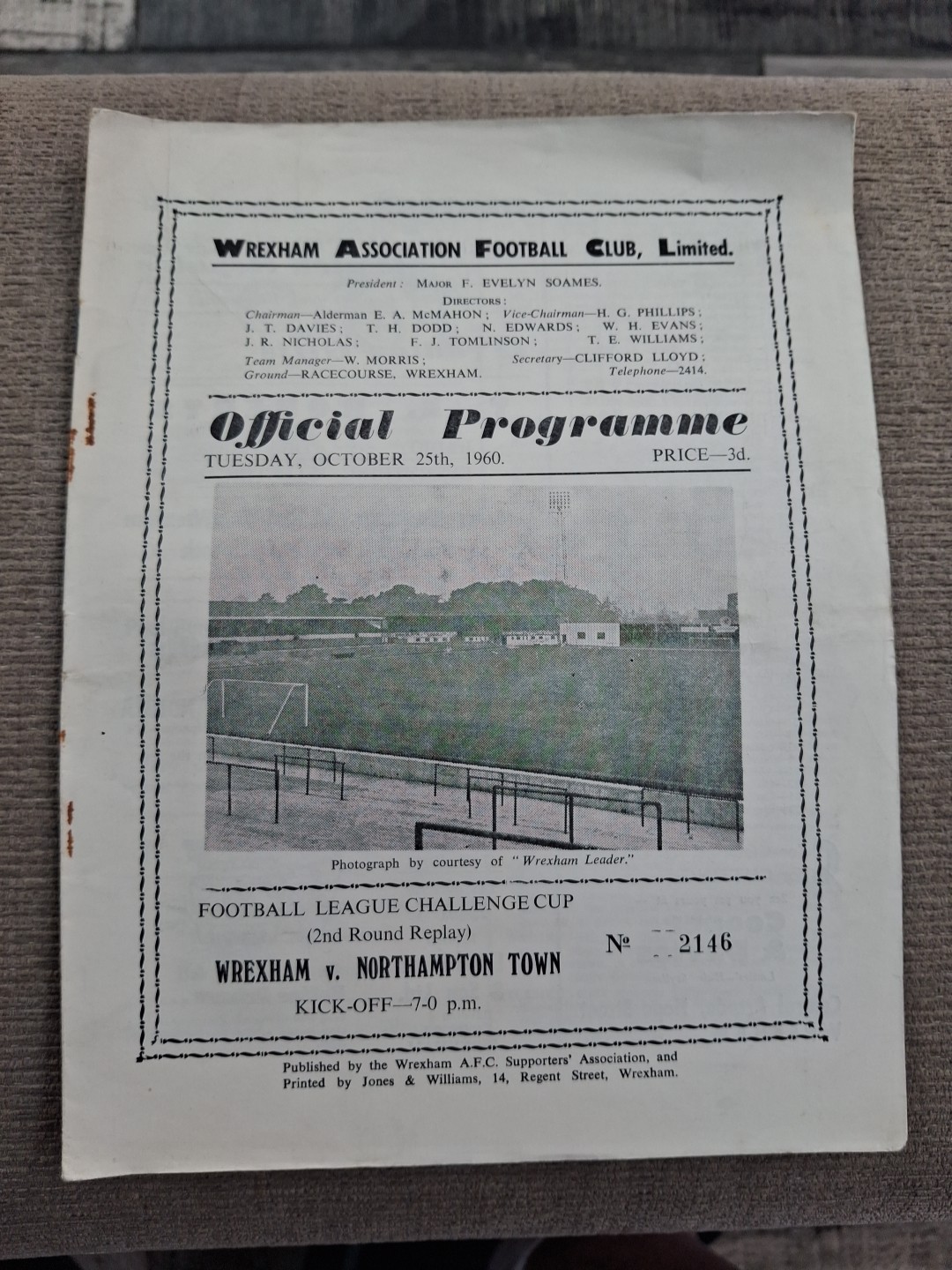 Wrexham v Northampton Town programme.  25/10/1960 League Cup Replay  for sale on Ebay