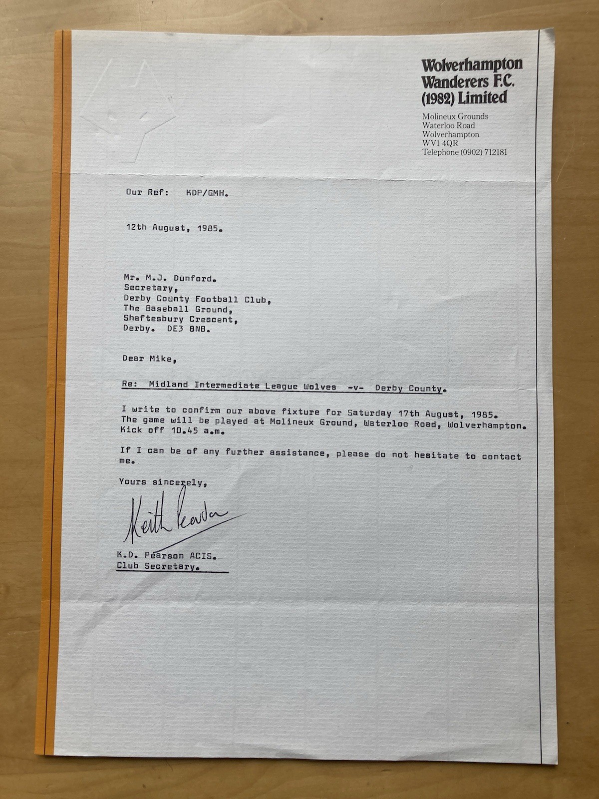 Aug 1985 Wolverhampton Wanderers Wolves Letter To Derby County re Res' Game. for sale on Ebay