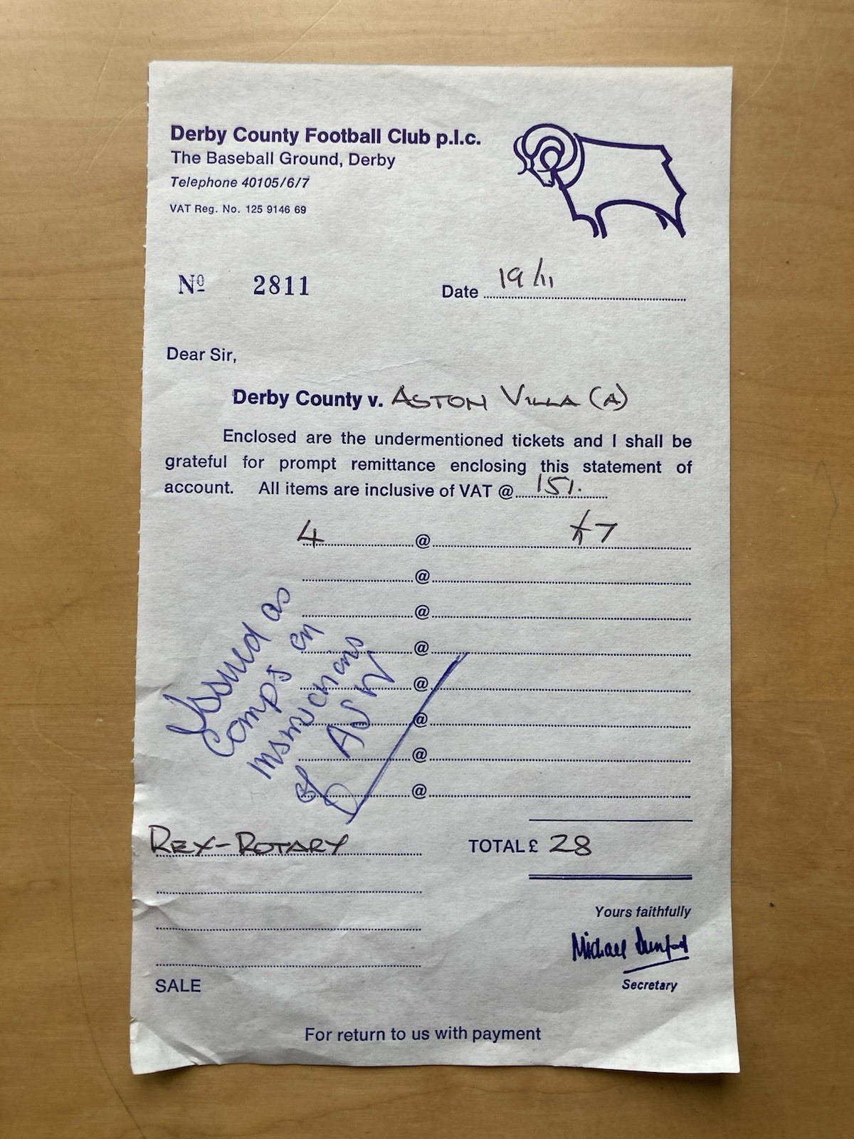 Nov 1988 Invoice From Derby County To Aston Villa For Away End Ticket Allocation for sale on Ebay
