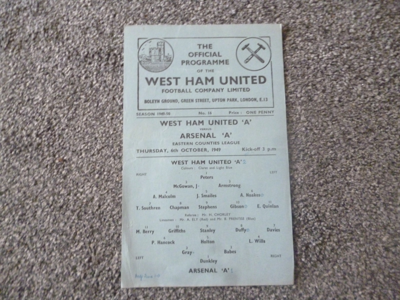 West Ham United 'A' v Arsenal 'A' 1949/50 s/s Eastern Counties Programme for sale on Ebay