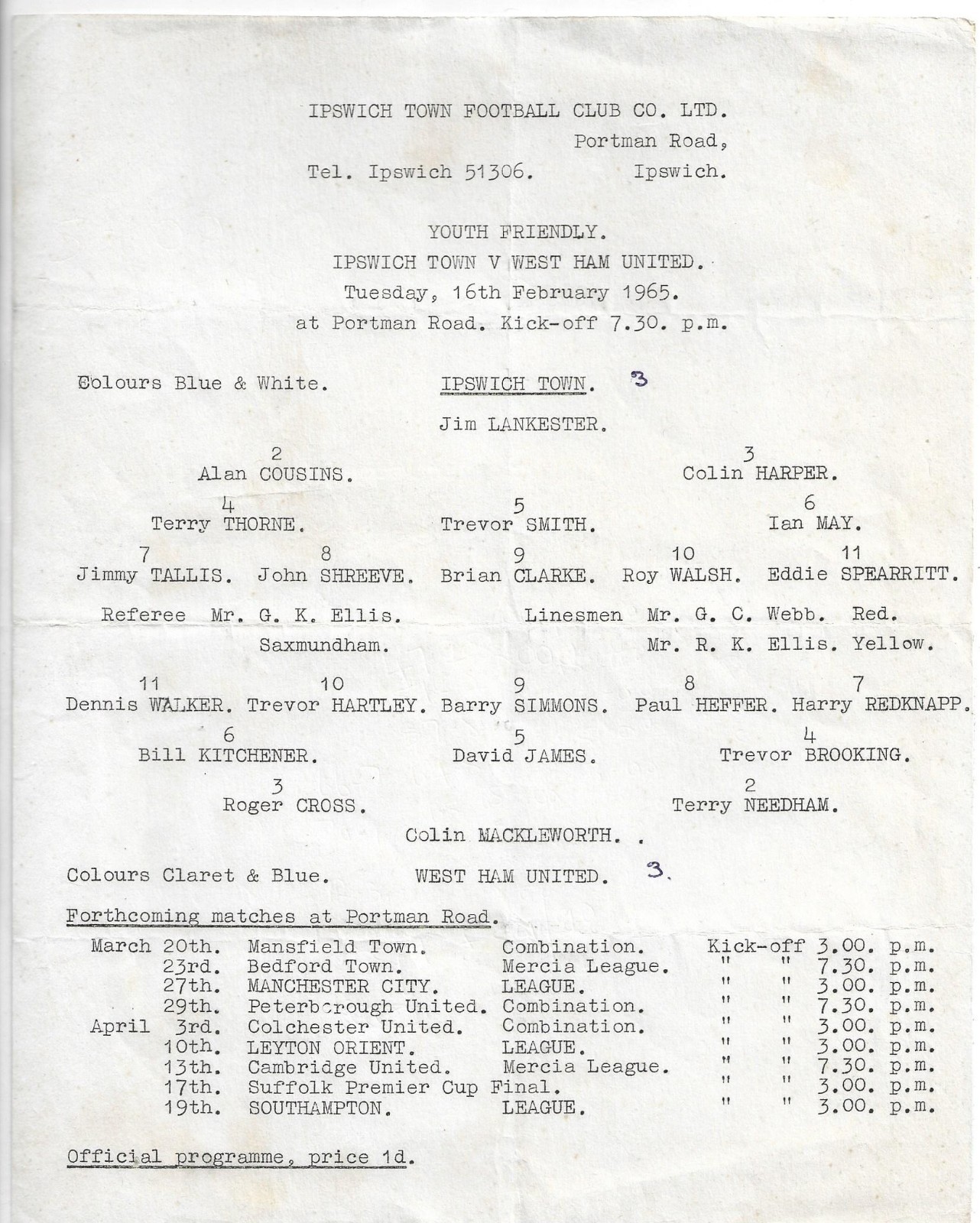 Ipswich Town Youth v West Ham United Youth 1964/65 Friendly for sale on Ebay