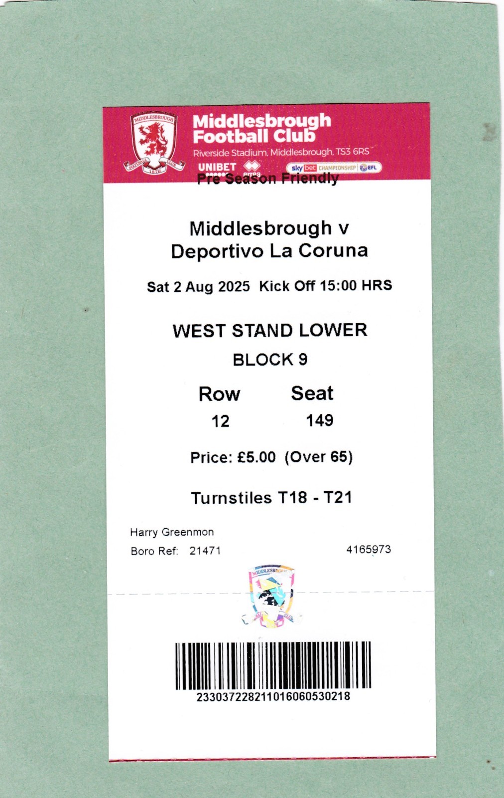 MIDDLESBROUGH v RC DEPORTIVO LA CORUNA 2025 FRIENDLY TICKET UK POST FREE for sale on Ebay