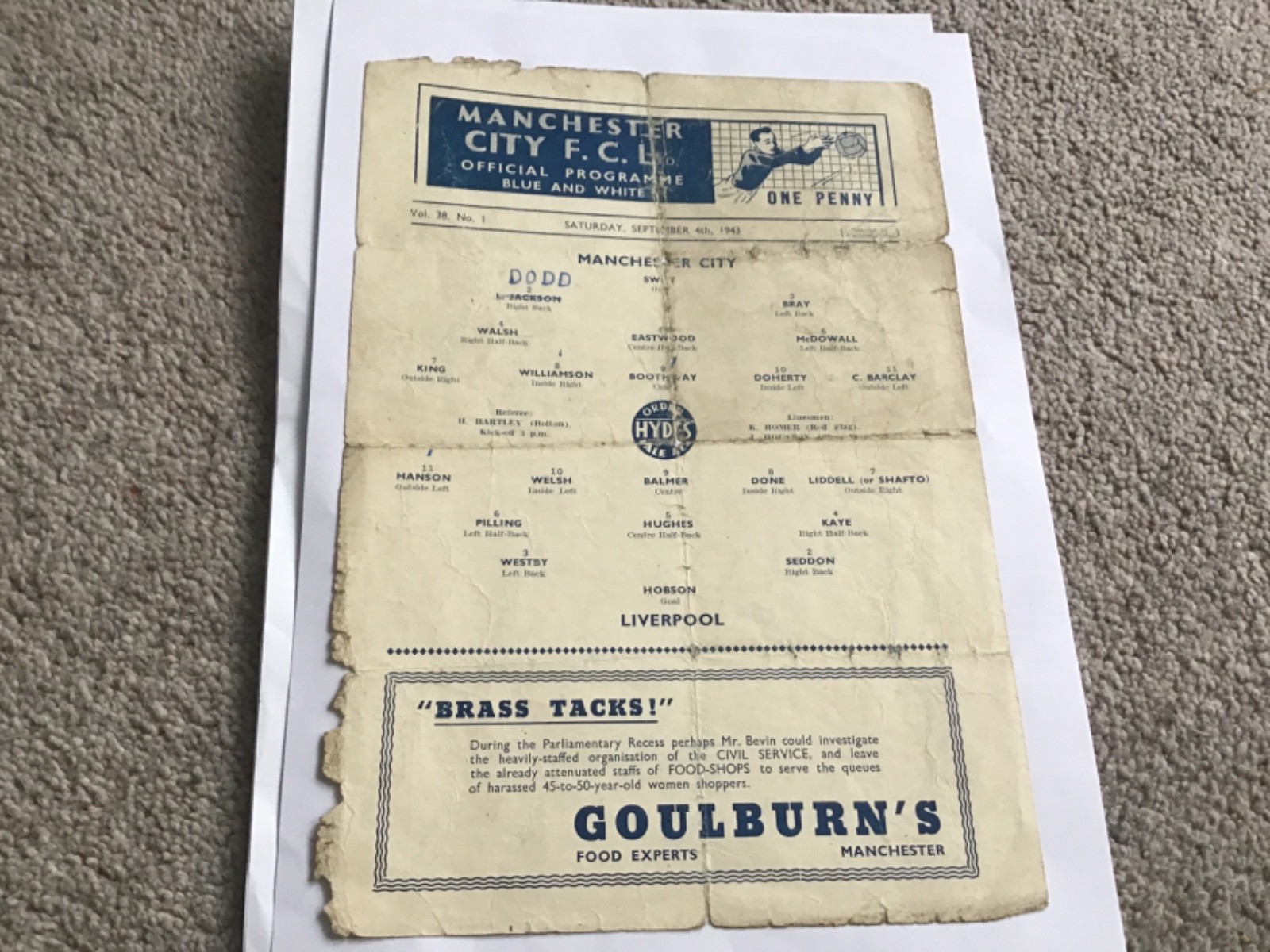 Manchester City v Liverpool Football Programme 4/9/1943. for sale on Ebay