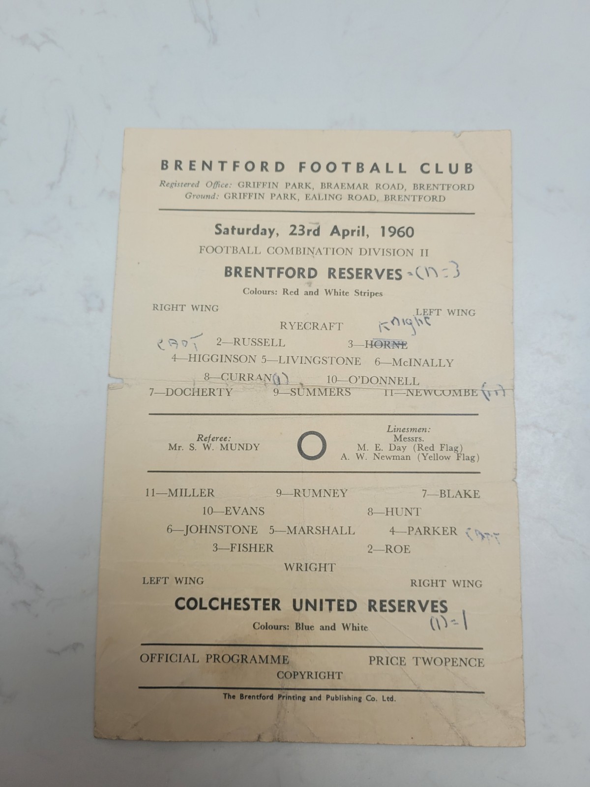 Brentford Reserves V Colchester United Reserves 23.4. 1960 Combination Div 2 for sale on Ebay