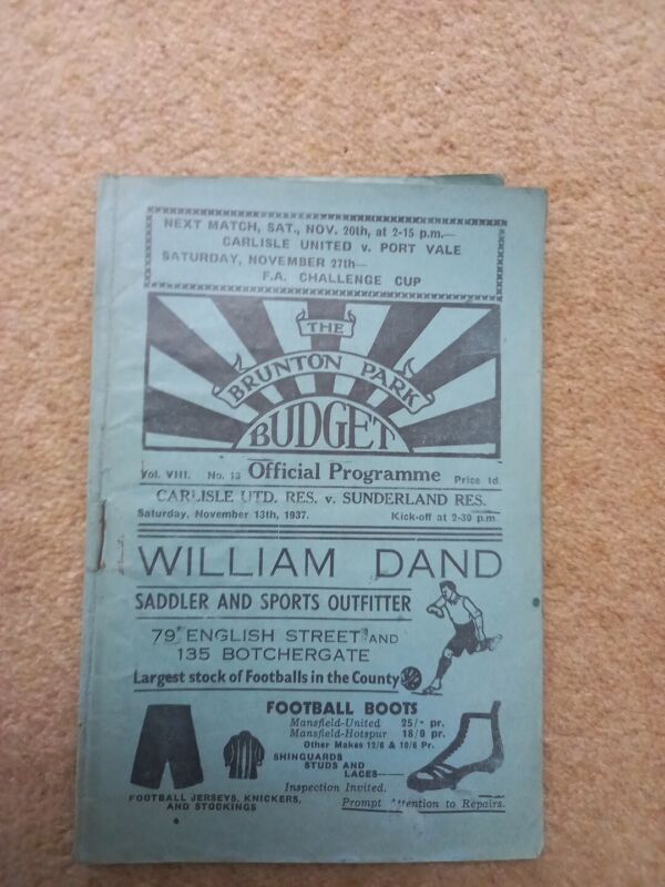 Carlisle United Reserves v SUNDERLAND 1937/38 North East League Div 1 Programme. for sale on Ebay