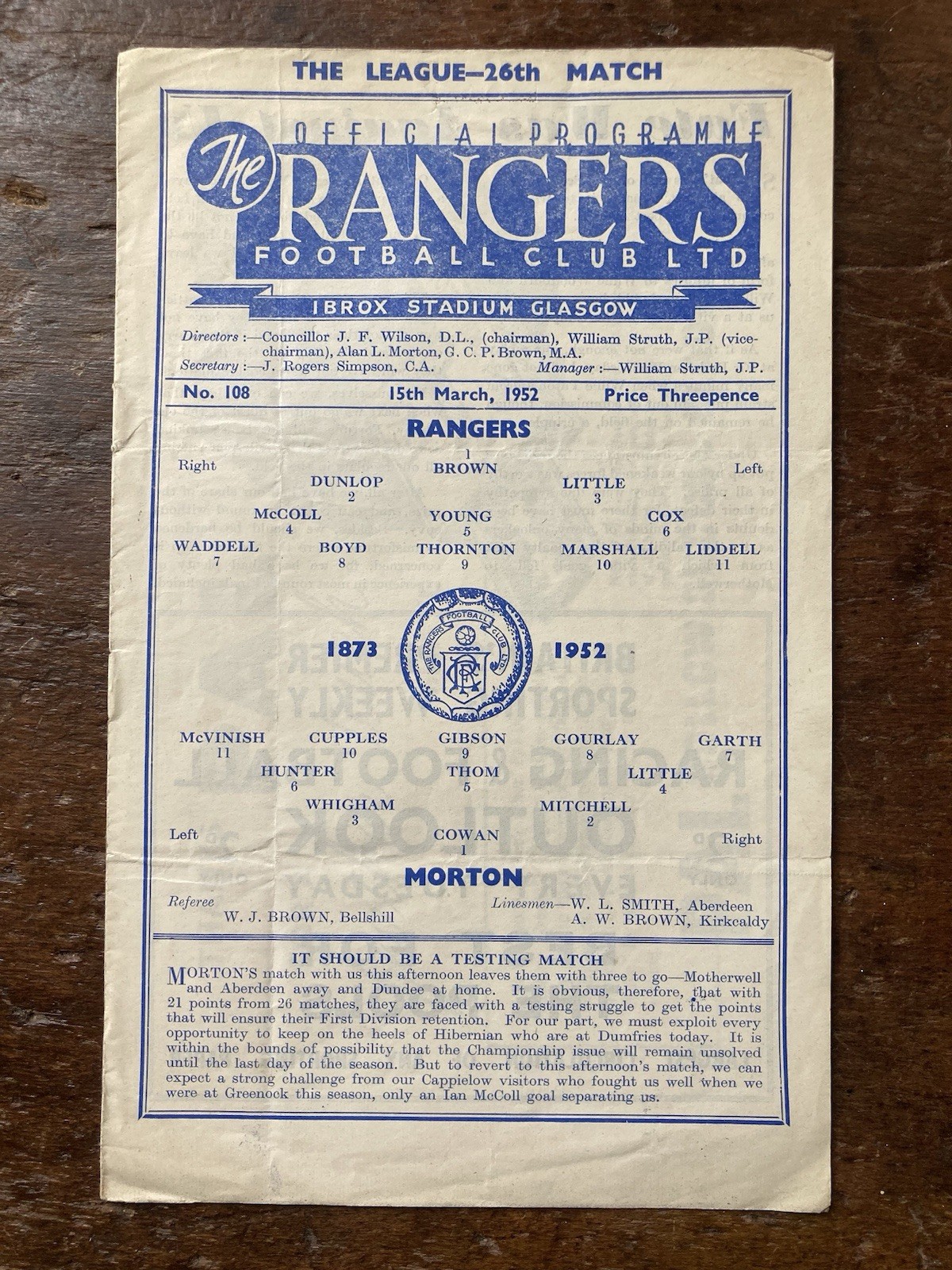 March 15th 1952 Glasgow Rangers v Morton Ibrox Scotland Football Programme. for sale on Ebay