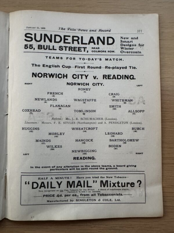 1908/09 - Norwich v Reading - FA Cup 1st round - SECOND REPLAY - 25 Jan 1909 for sale on Ebay