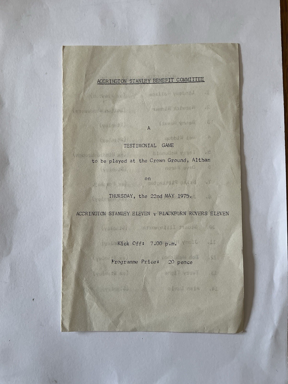ACCRINGTON STANLEY v BLACKBURN ROVERS  Testimonial  1975. for sale on Ebay