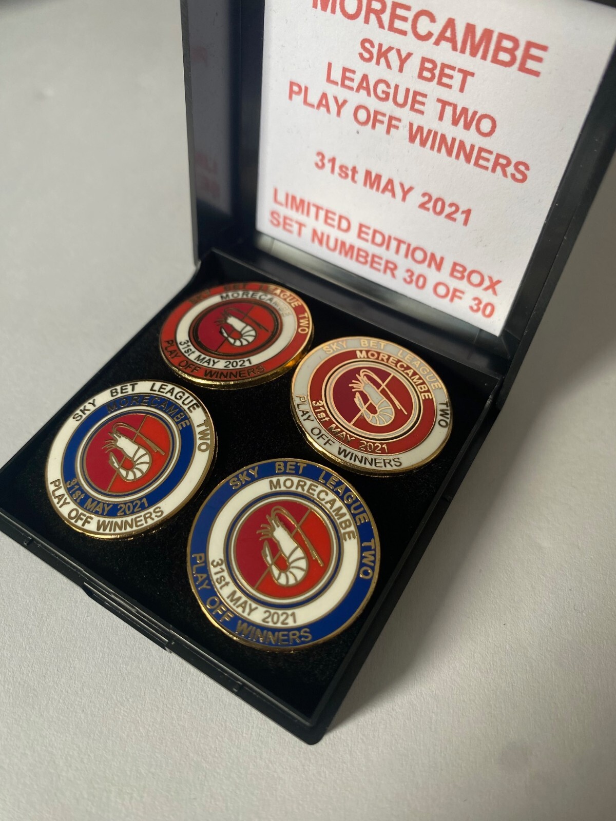 MORECAMBE FC Badge Football Club LTD ED PLAY OFF FINAL 2021 PIN BOX SET 30/30 for sale on Ebay