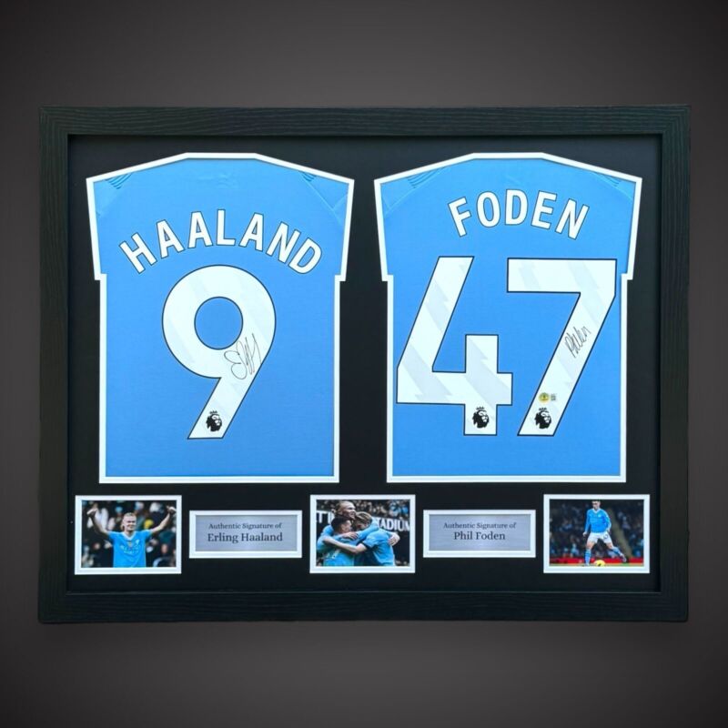 Haaland & Foden Dual Framed Manchester City Shirt With COA BID for sale on Ebay