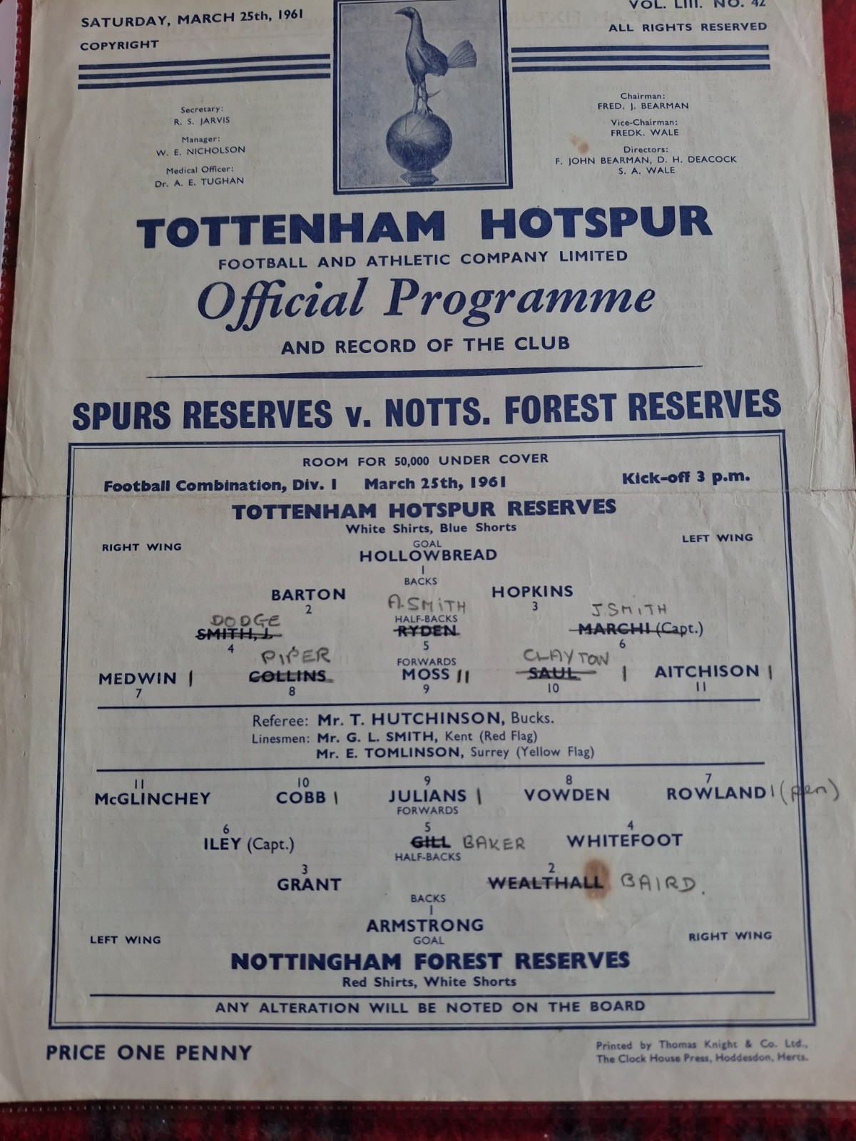 TOTTENHAM RESERVES V NOTTS FOREST RESERVES 1960-61 for sale on Ebay
