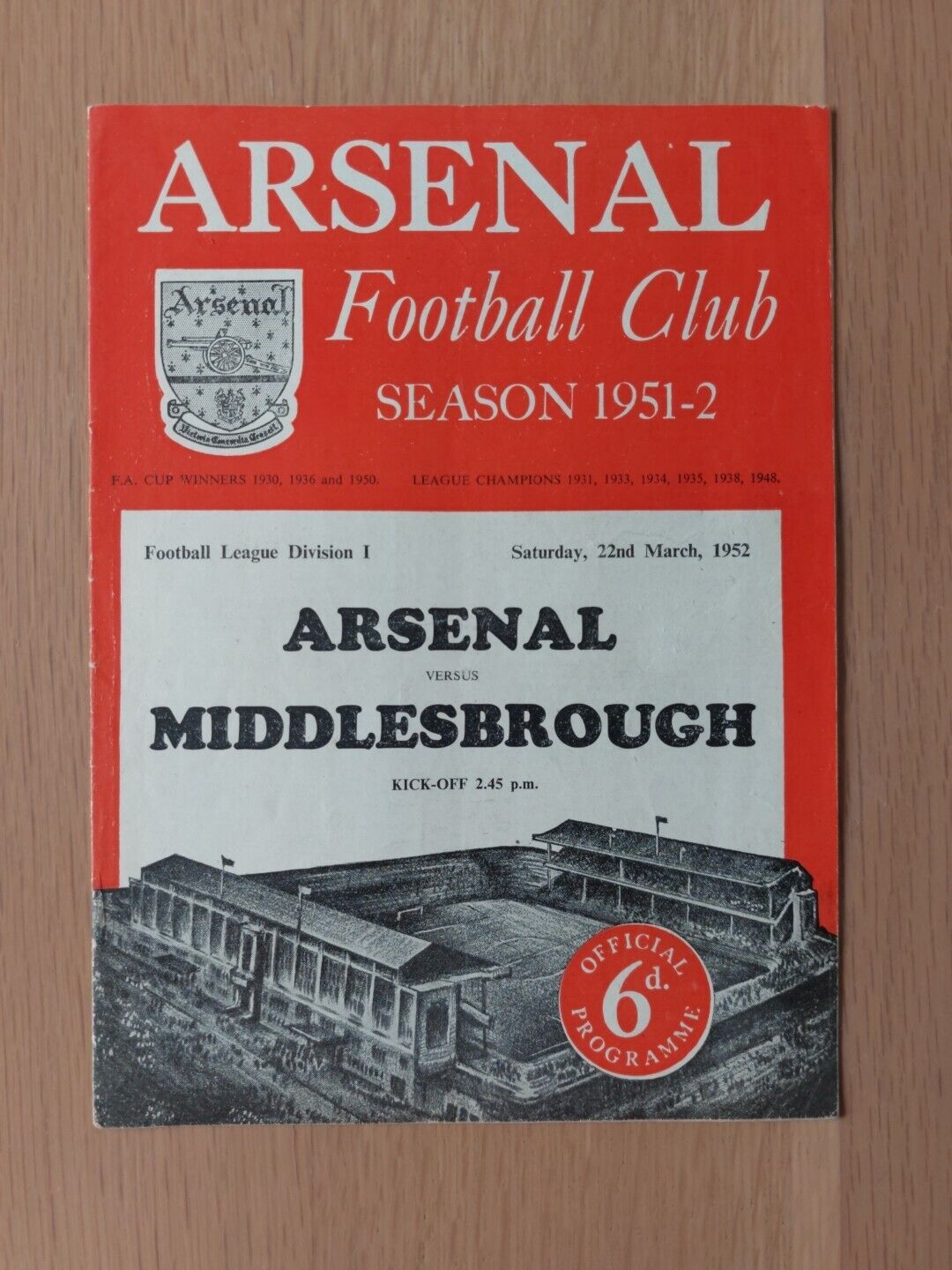 Arsenal v Middlesbrough 51-52 Div 1 for sale on Ebay