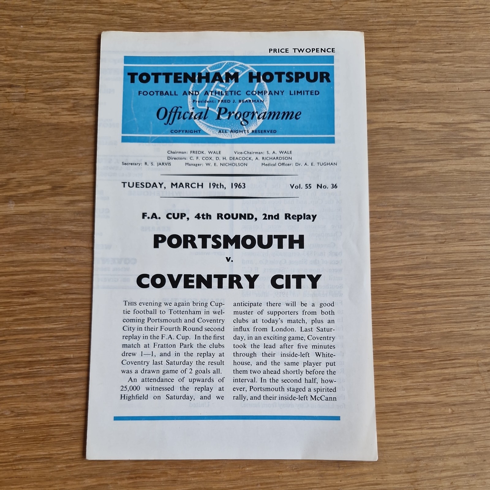 Portsmouth v Coventry City 19-3-1963 (FA CUP 4th Round Replay at Tottenham) MINT for sale on Ebay