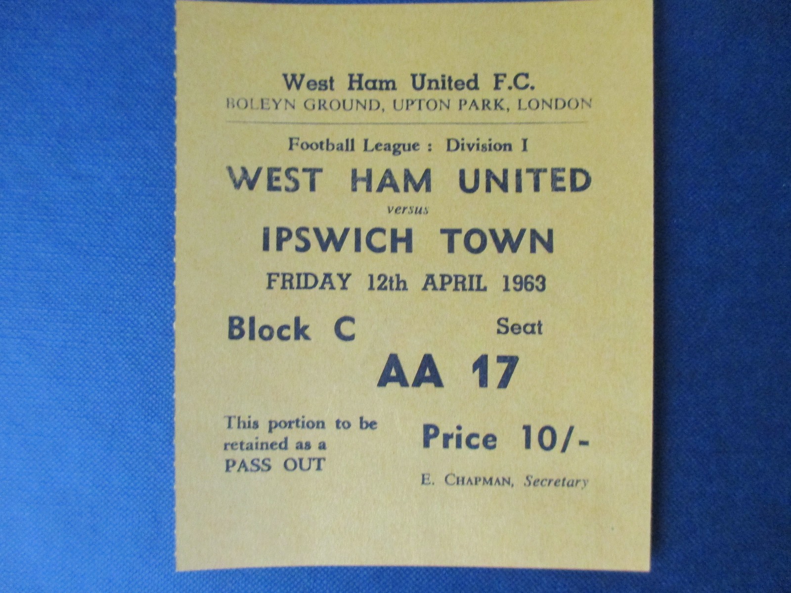 West Ham United v Ipswich Town First Division April 1963 used ticket stub vgc for sale on Ebay