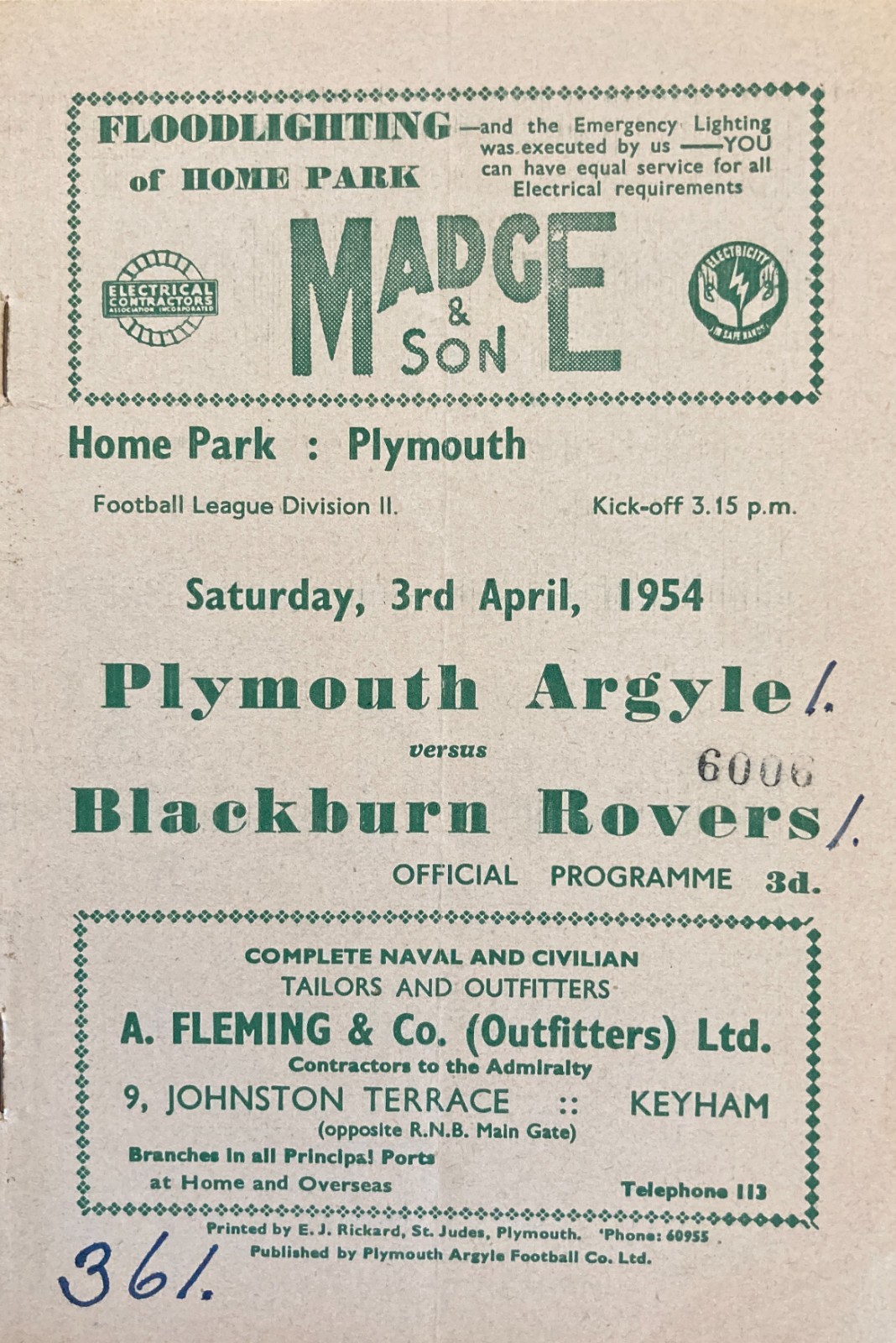 Plymouth Argyle v Blackburn Rovers Div 2 1953/54 for sale on Ebay