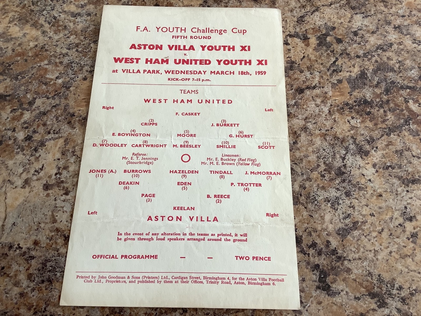 F.A Youth challenge cup Fifth Round Aston Villa v West Ham 1959 Moore & Hurst for sale on Ebay