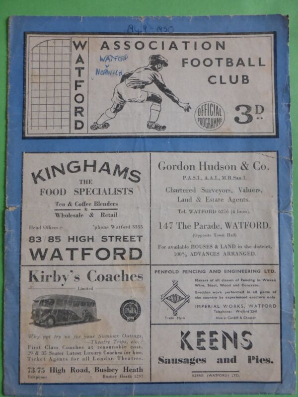 Programme Watford v Norwich City 12 November 1949 Div 3 S for sale on Ebay