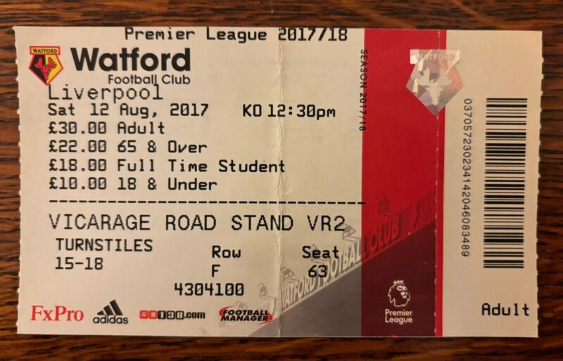Mo Salah Liverpool Debut Match Ticket Stub - Watford v Liverpool 12/08/2017 for sale on Ebay