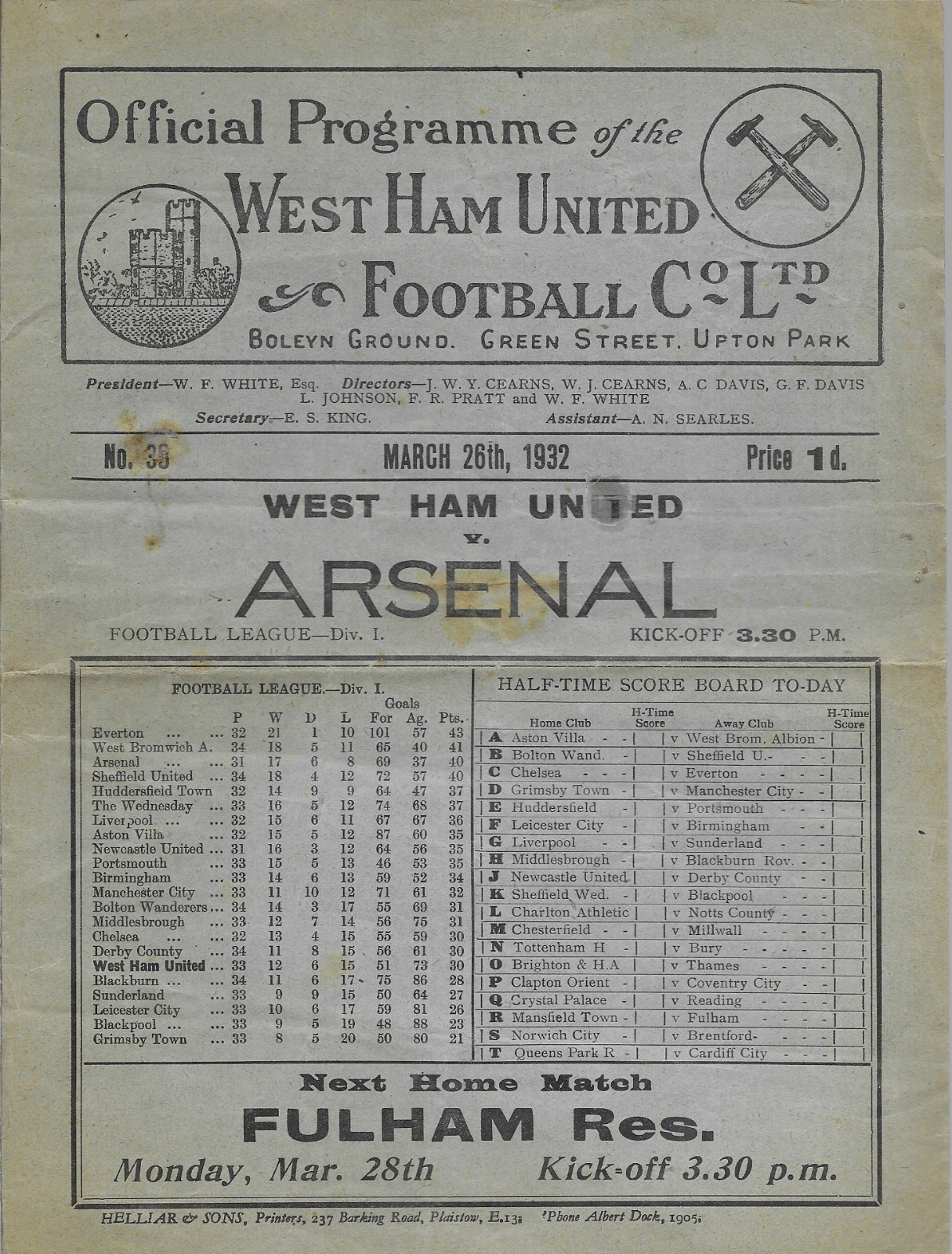 PRE-WAR PROGRAMME - WEST HAM UNITED v ARSENAL - 26 MARCH 1932 for sale on Ebay