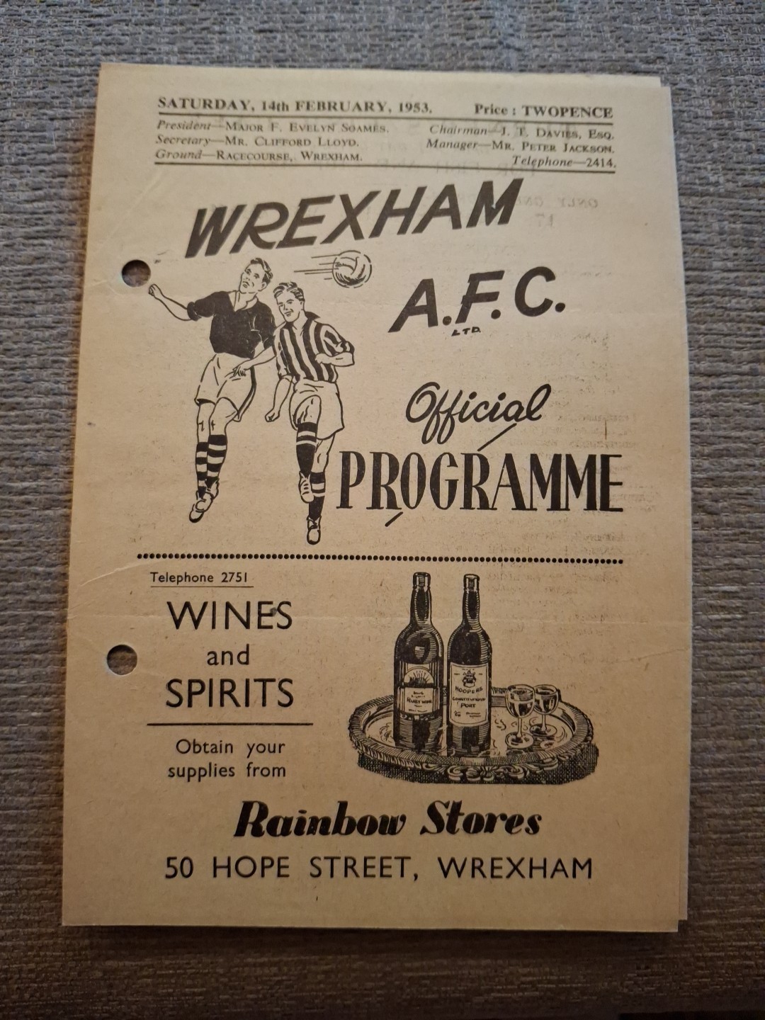 Wrexham v Mansfield Town programme.  14/2/1953 for sale on Ebay