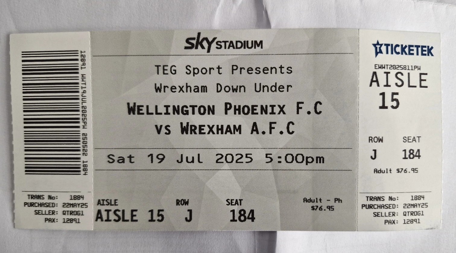 TICKET STUB-WELLINGTON PHOENIX V WREXHAM AFC- JULY 2025 for sale on Ebay