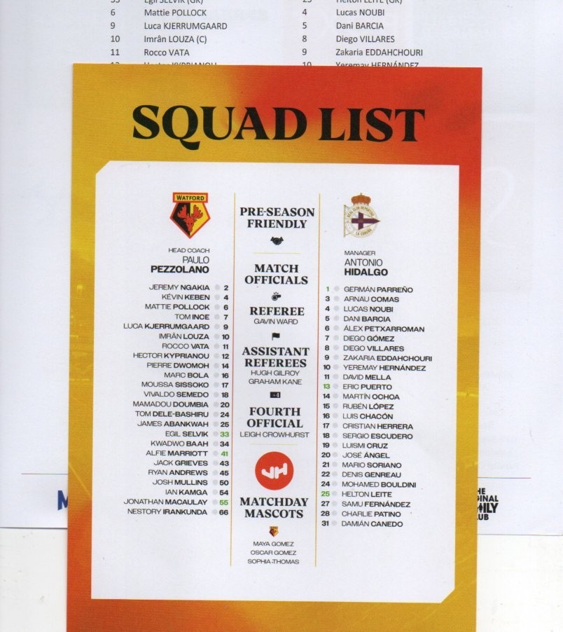 WATFORD V DEPORTIVO DE LA CORUNA 2025 FRIENDLY for sale on Ebay