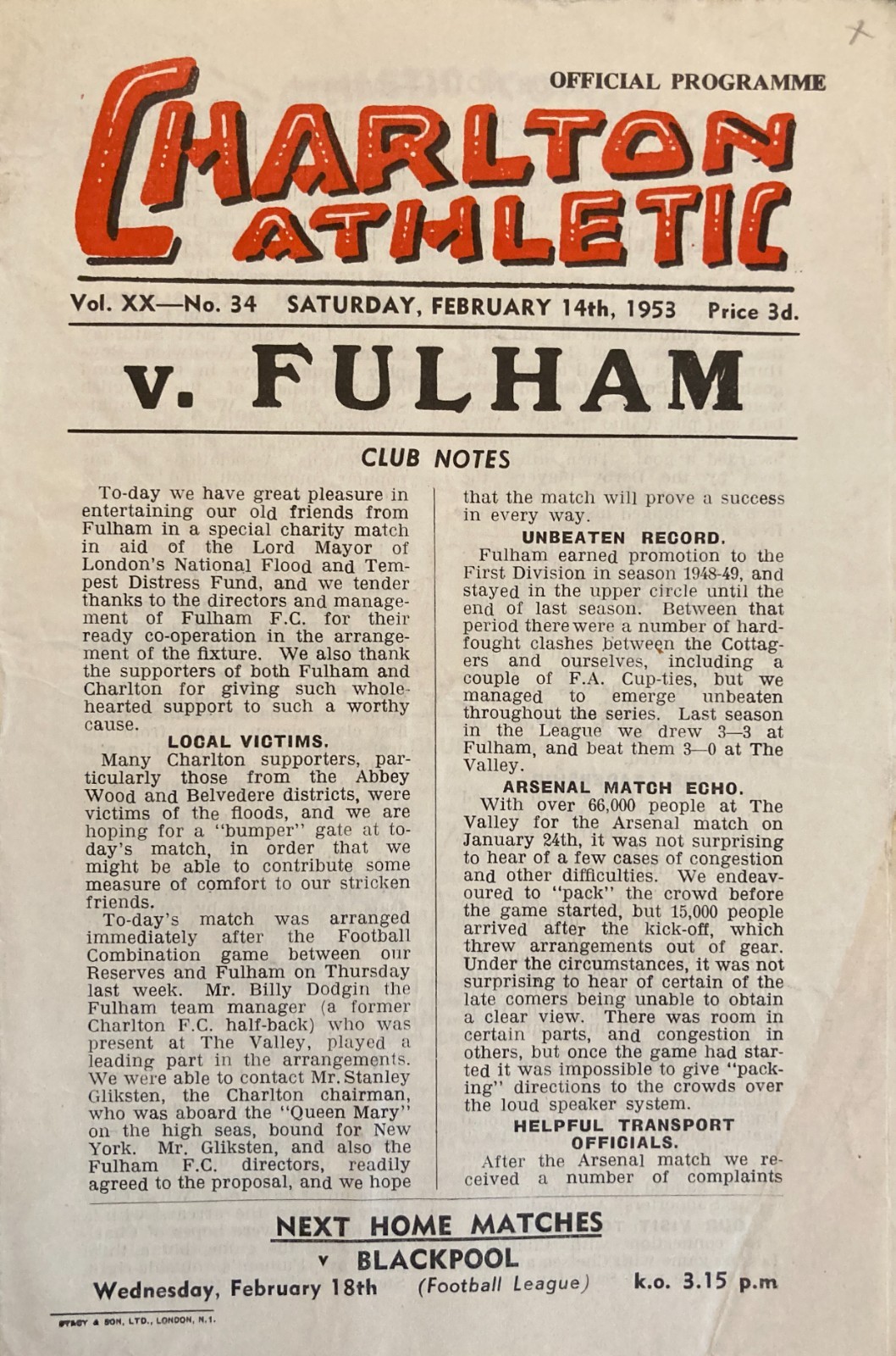 Charlton Athletic v Fulham Friendly 1952/53 for sale on Ebay