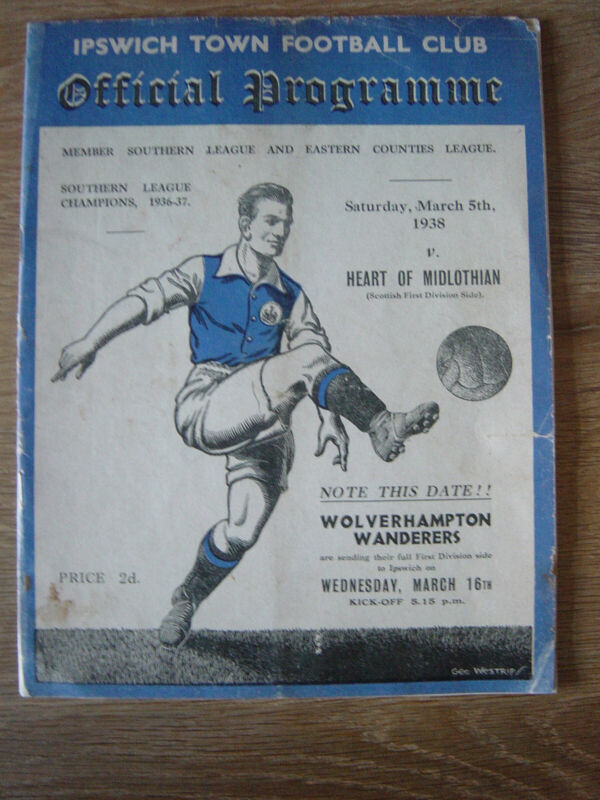 1937/38 IPSWICH TOWN v HEART OF MIDLOTHIAN for sale on Ebay