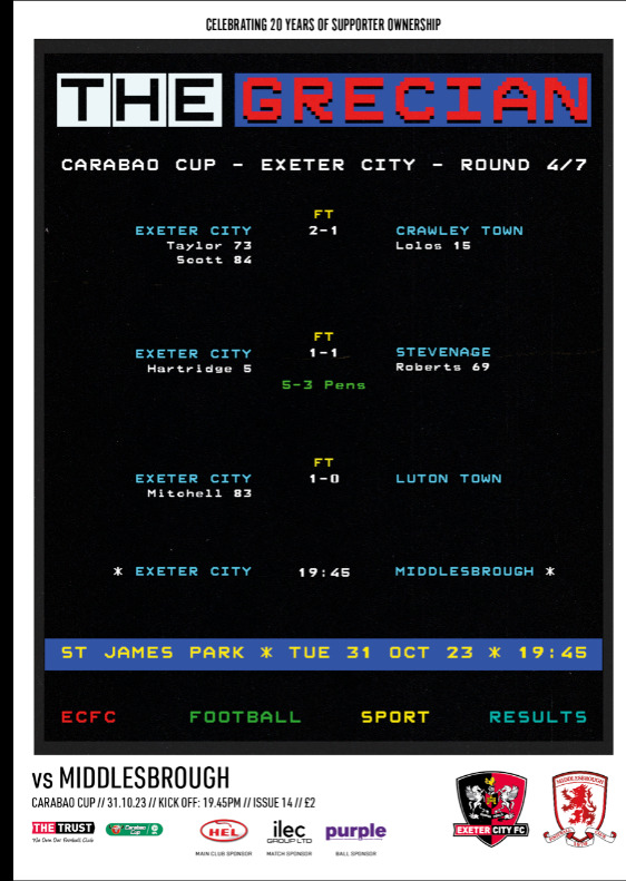 EXETER v MIDDLESBROUGH 2023/24 CARABAO LEAGUE CUP MINT PROGRAMME + TEAMSHEET for sale on Ebay