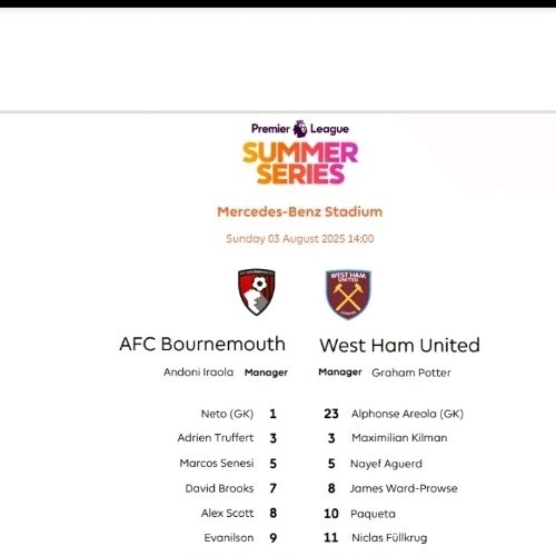 Bournemouth v West Ham OFFICIAL  Colour SingleSided Team Sheet  3/8/25 for sale on Ebay