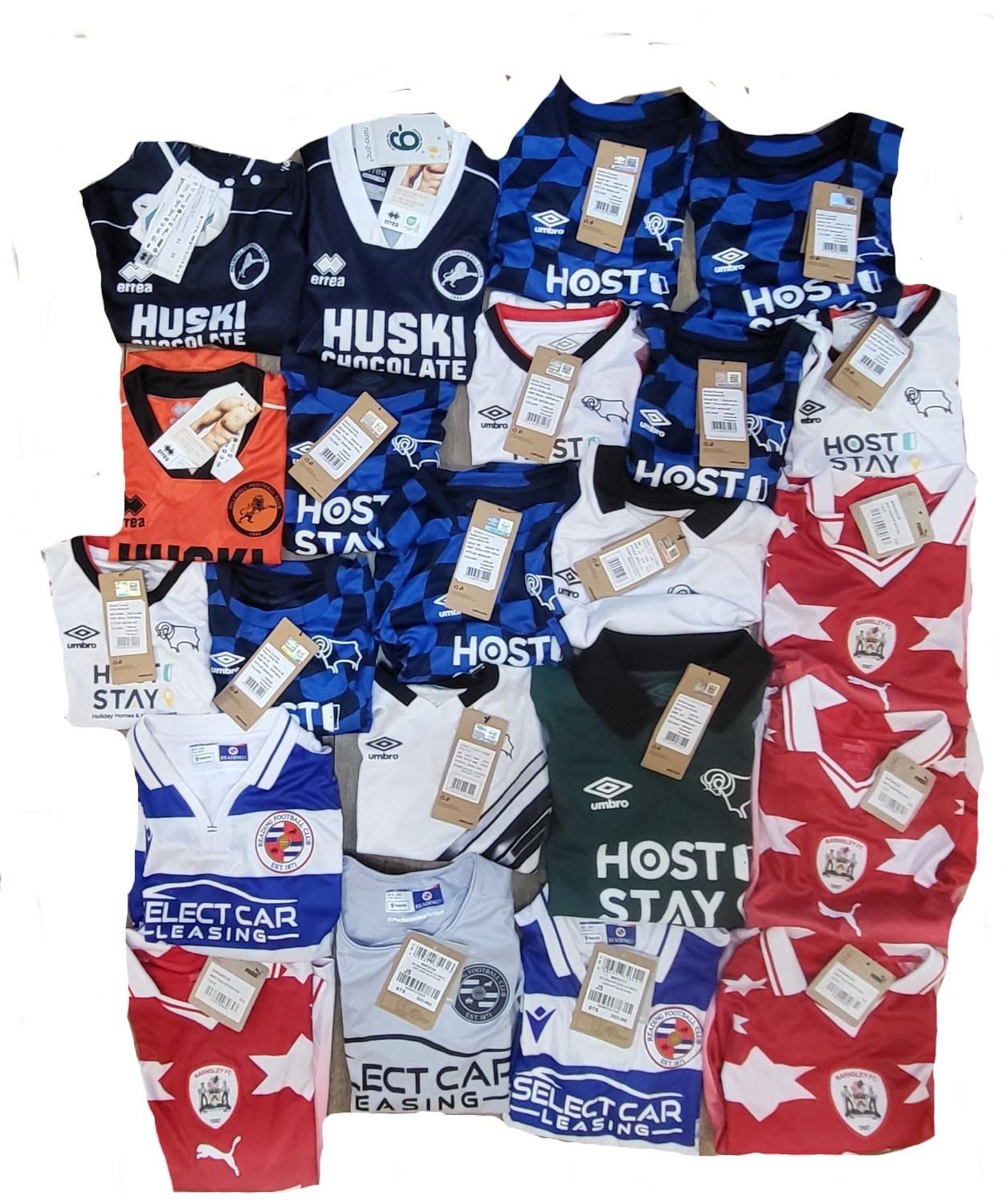 Football Shirt JOB LOT X 22 Kids Boys Millwall Barnsley Derby County Reading for sale on Ebay