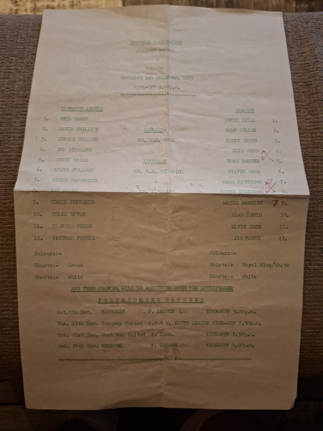 Plymouth Argyle Reserves v Reading Res programme.  1/12/1979 for sale on Ebay