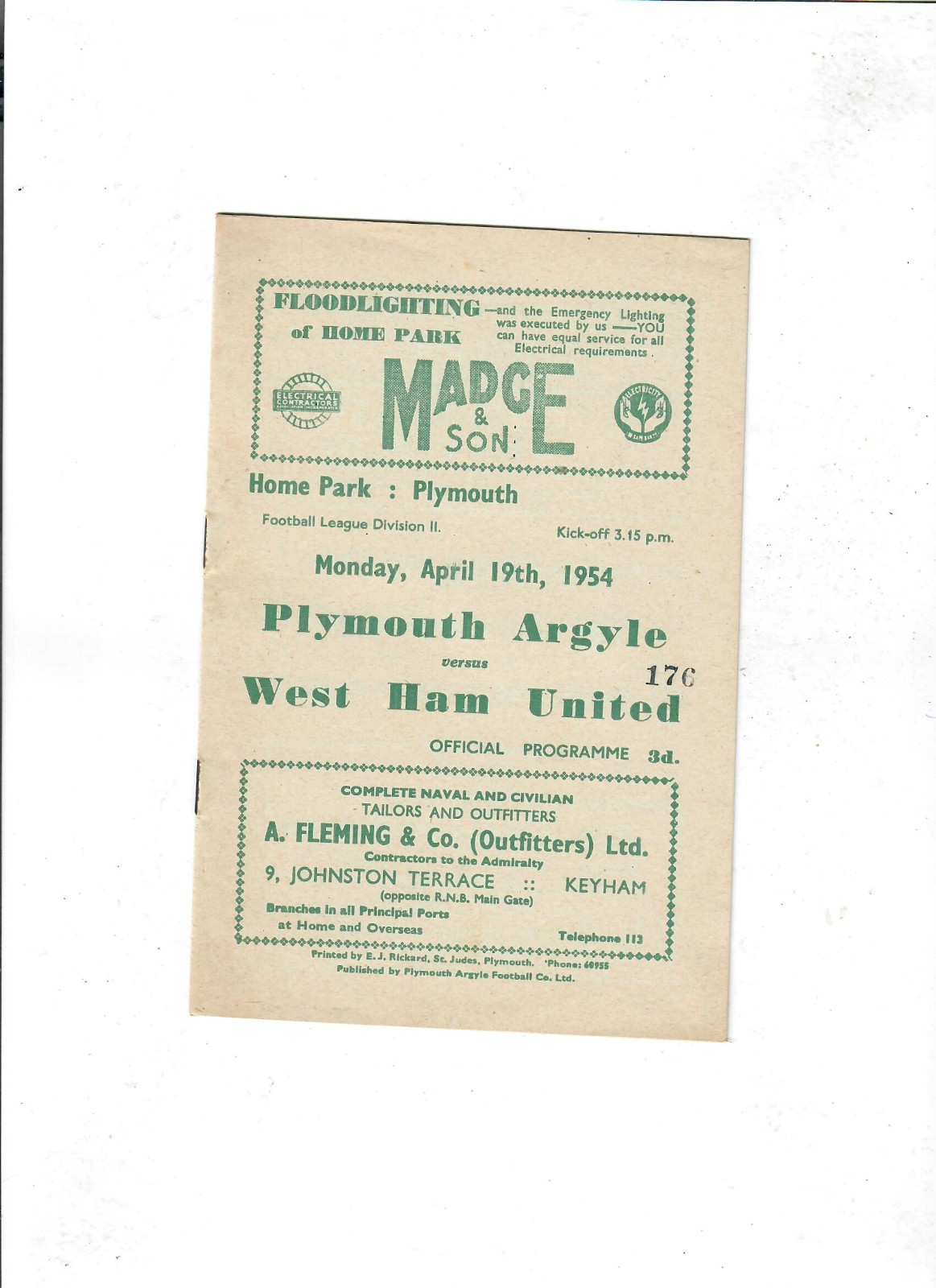 Plymouth Argyle v West Ham United - 19/04/1954 for sale on Ebay