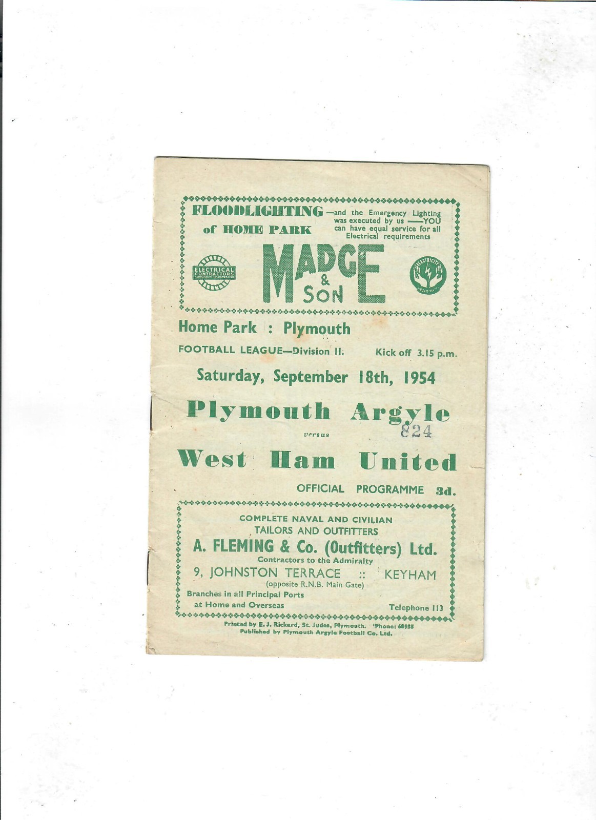 Plymouth Argyle v West Ham United - 18/09/1954 for sale on Ebay