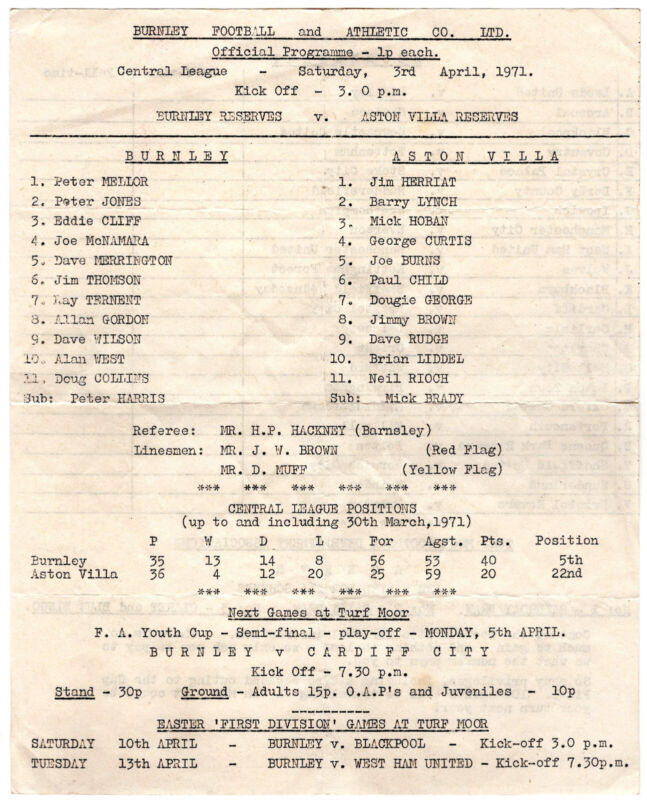 SCARCE VINTAGE FOOTBALL PROGRAMME BURNLEY RES. v ASTON VILLA RES. 3 APRIL 1971 for sale on Ebay