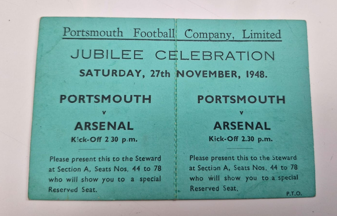 RARE TICKET STUB- JUBILEE CELEBRATION- PORTSMOUTH V ARSENAL- 27 NOVEMBER 1948 for sale on Ebay