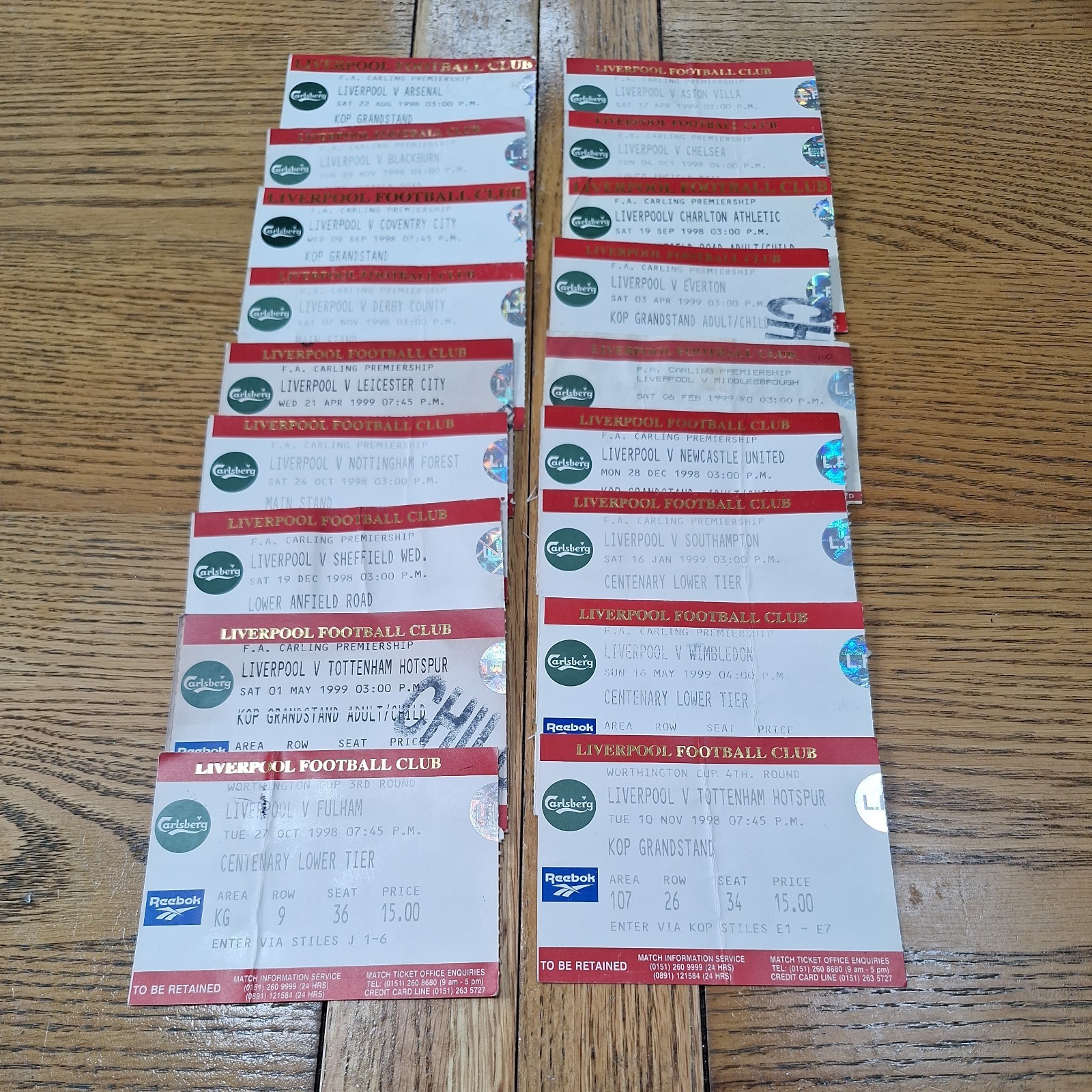  18 Liverpool ticket stubs 1998/99 season  for sale on Ebay