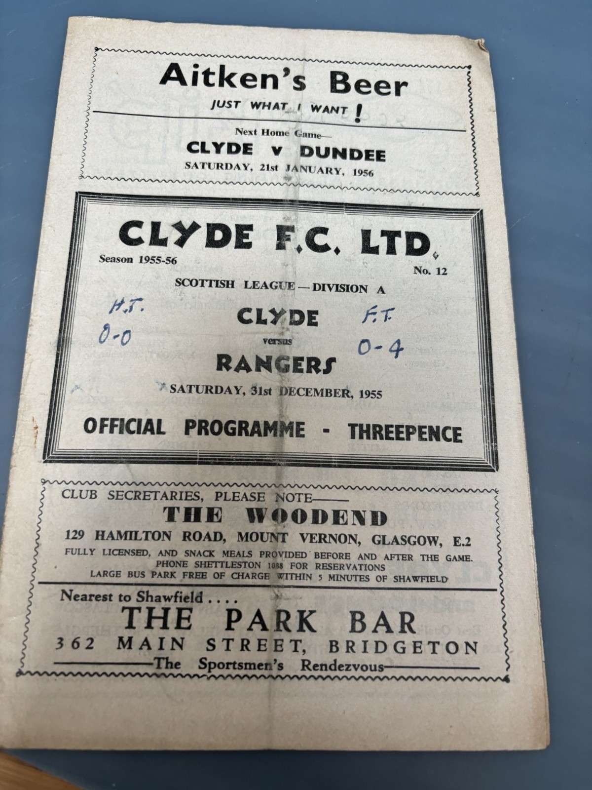 CLYDE v RANGERS Dec 1955 for sale on Ebay