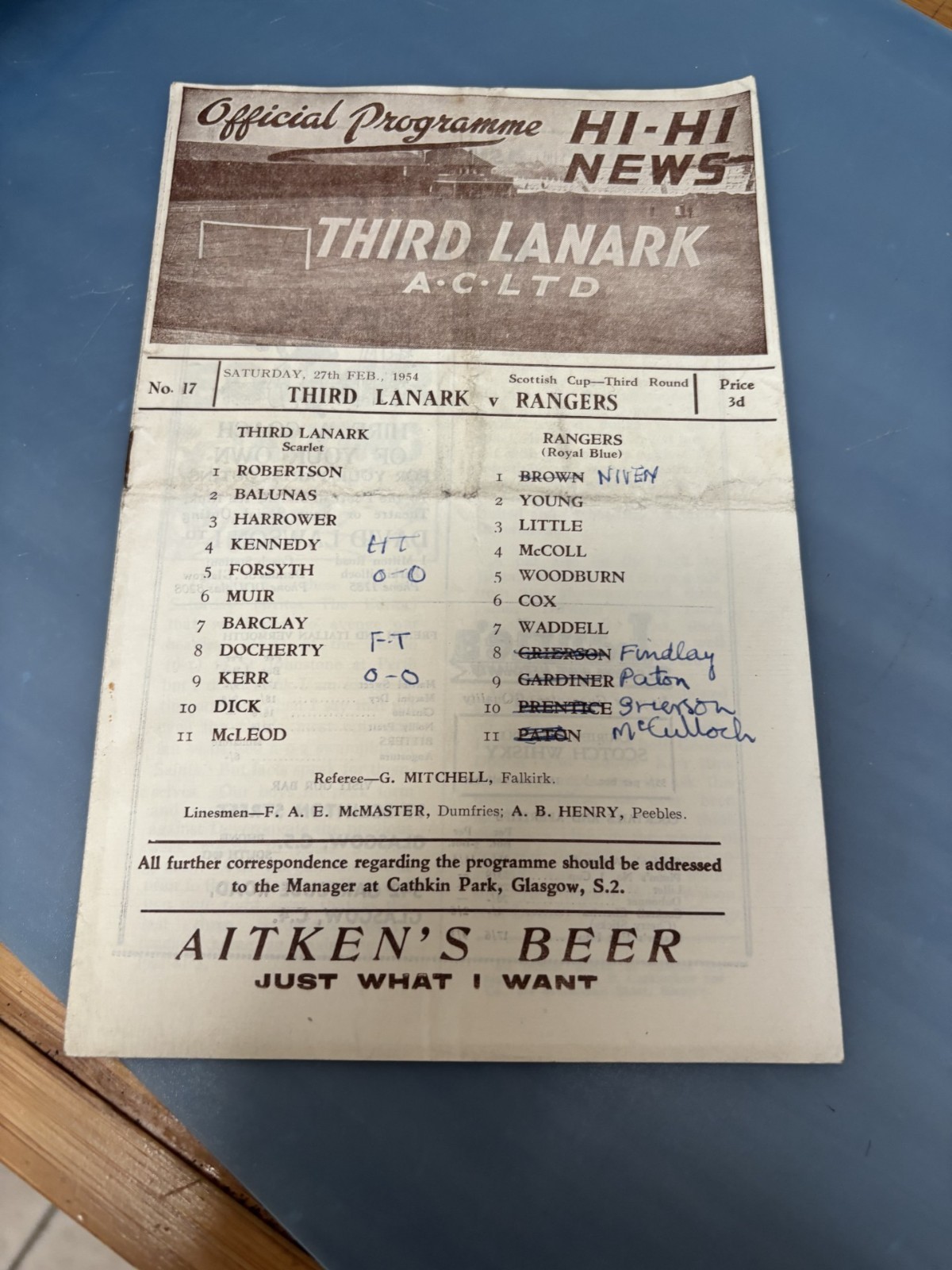 THIRD LANARK v RANGERS Feb 1954 SCOTTISH CUP for sale on Ebay
