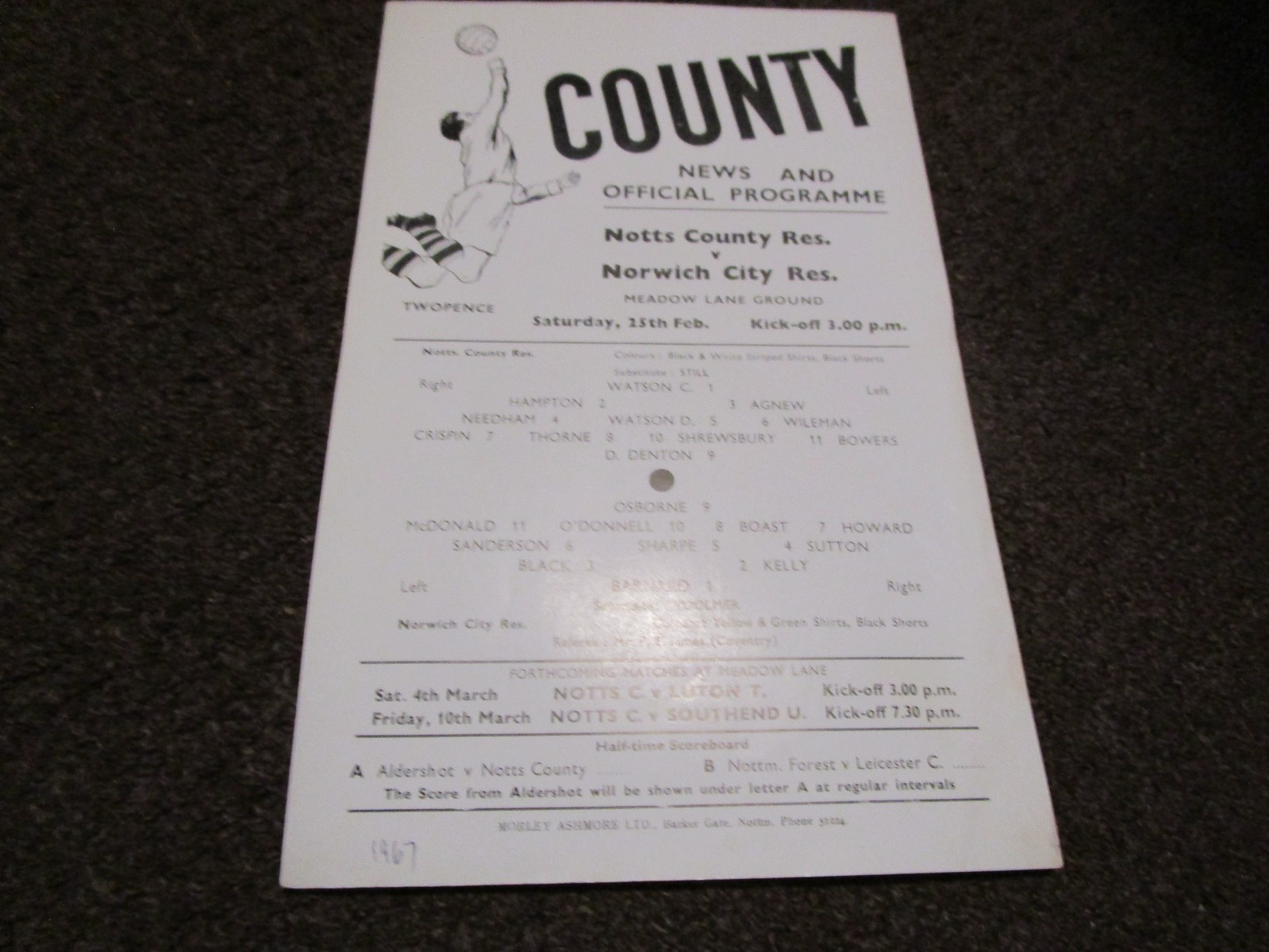 NOTTS COUNTY  reserves  v  NORWICH CITY  reserves  1966/7  FEBRUARY 25th s/s for sale on Ebay