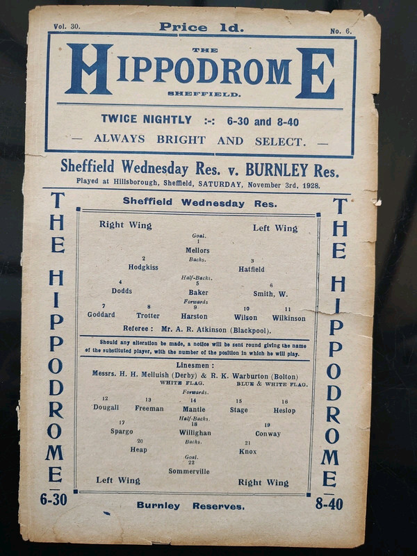 3/11/1928 Sheffield Wednesday Reserves v Burnley. Central League. 4 pages for sale on Ebay