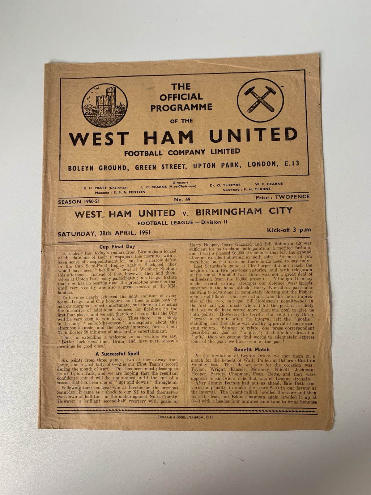West Ham United v Birmingham City 1950-51 League Division Two 28th April 1951. for sale on Ebay