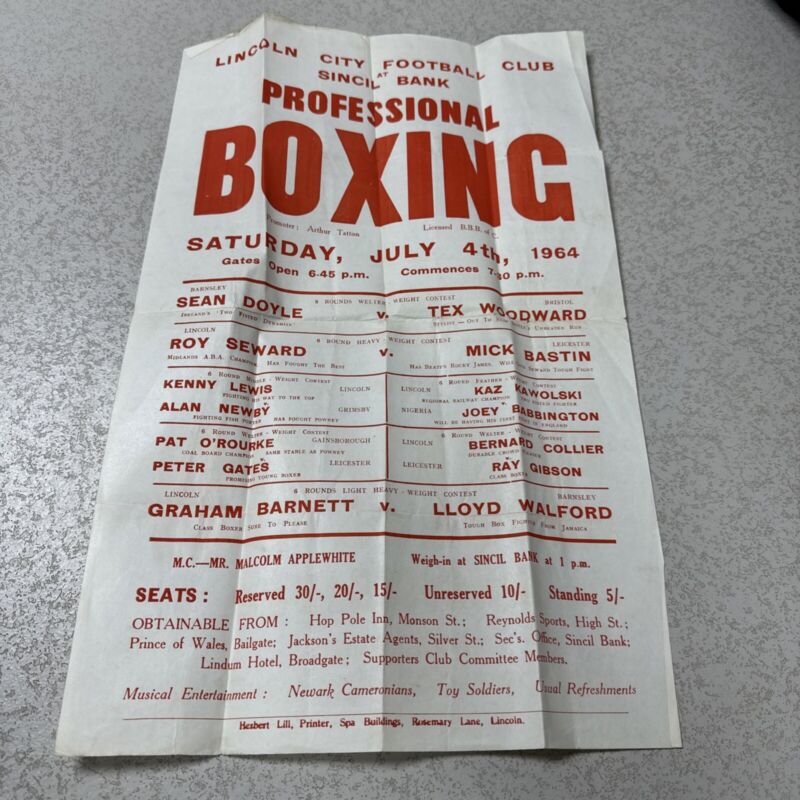 Lincoln City Football Club - Sat July 4th 1964 - Doyle Vs Woodward Boxing Poster for sale on Ebay
