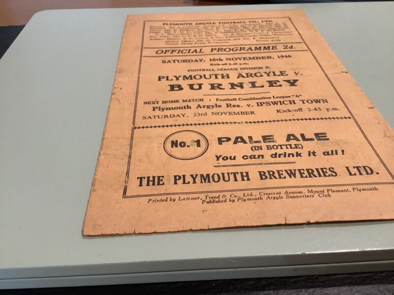 Plymouth Argyle v Burnley, Football Programme, 16th November 1946 for sale on Ebay