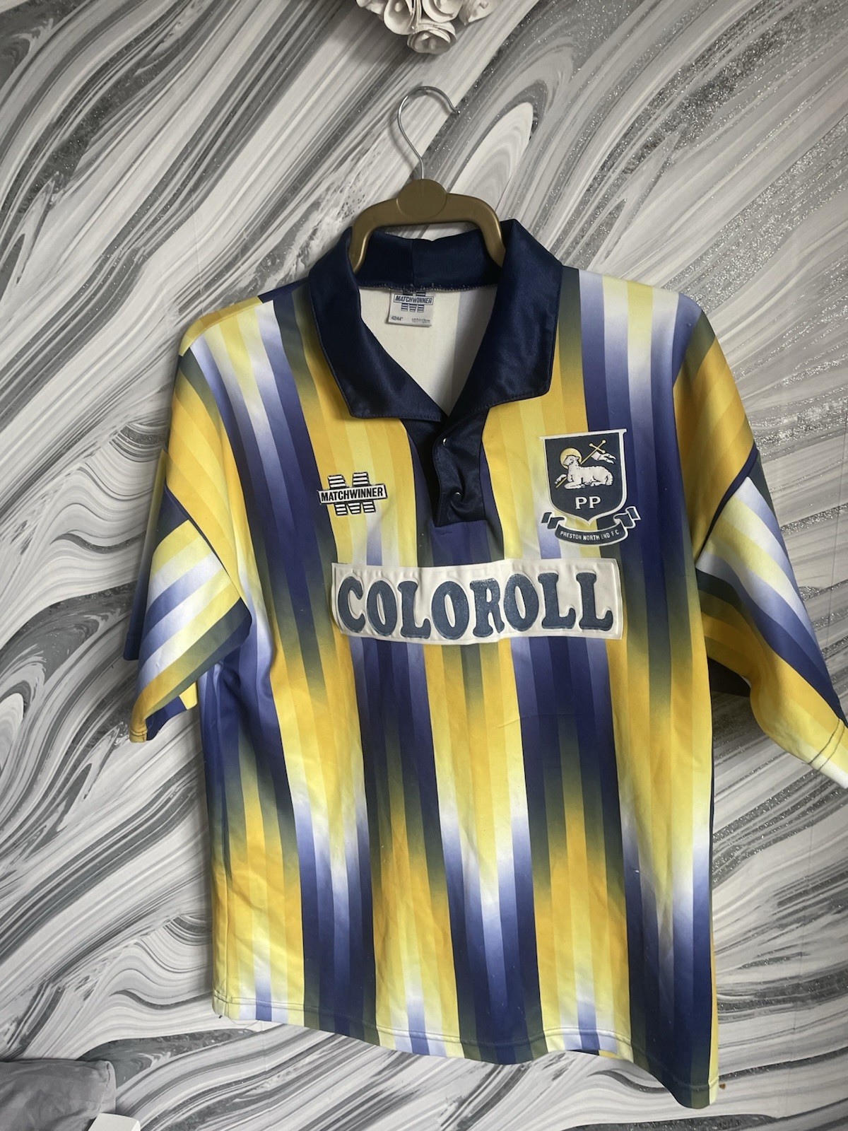 Preston North End 1993/94 Large Away Shirt Mosaic Design  Yellow and Blue for sale on Ebay