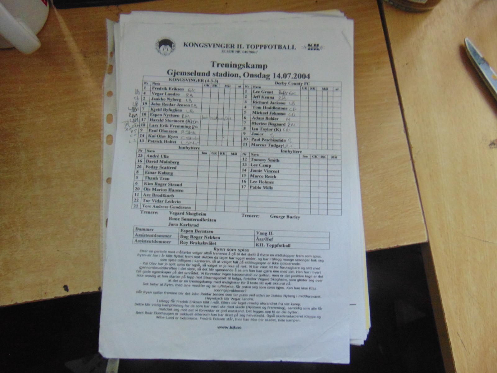 Teamsheet Friendly 2004/5 Kongsvinger v Derby County for sale on Ebay