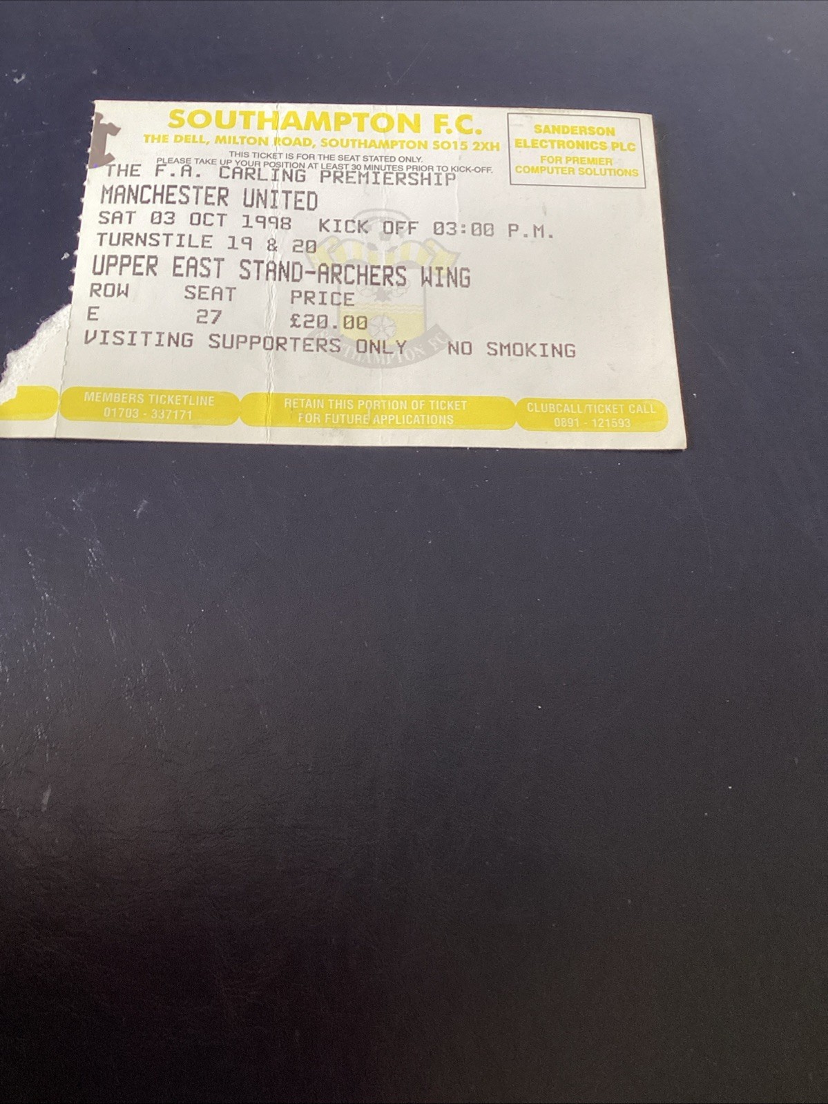 Southampton v Manchester United 1998/99 Match Ticket for sale on Ebay